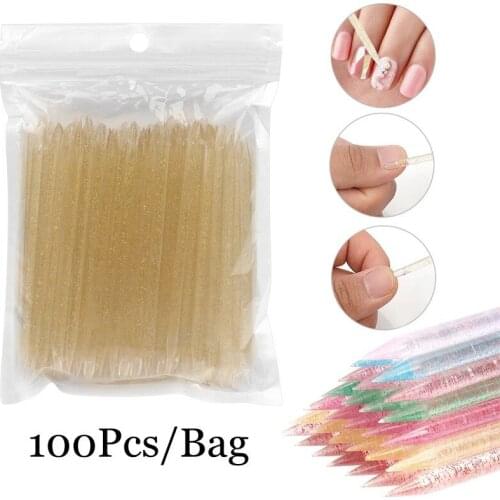 100 Pcs Crystal Nail Cuticle Pusher Cuticle Remover Reusable Double End Beauty Nail Stick Nail Art Manicures Pedicure Tool