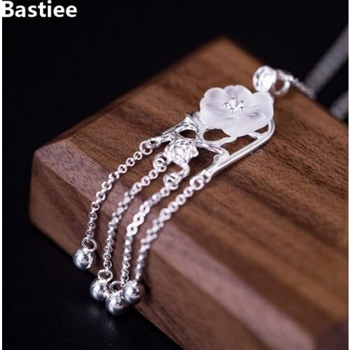 Bastiee Crystal Necklace Tassel Pendant Silver 925 Jewelry For Women Plum Blossom Flower O Chain Chinese Antique Jewelery