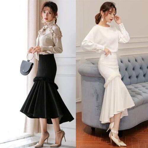 Free Shipping 2020 Fashion Long Mid-calf Skirt For Women XS-3XL Mermaid Style Stretch Ladies Black And White High Waist Skirts