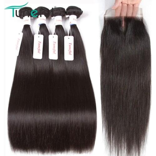 Brazilian Straight Hair 4 Bundles With Closure Tuneful Hair Weft Weave Extensions Non Remy Virgo Human Hair Bundles With Closure