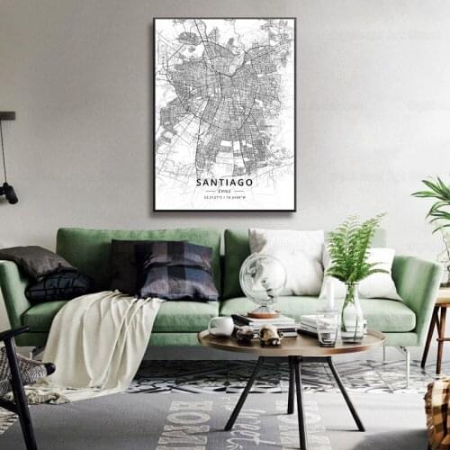 Black and White Santiago Chile Latitude Longitude Canvas Art Map Poster