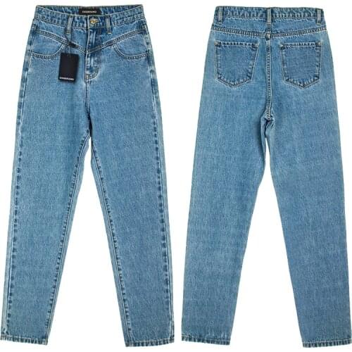 DSQBRAND European and American style high waist jeans light blue straight slim trousers + DSQ letter inner label fashion women