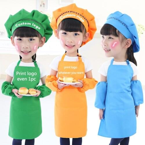 Children child Kids Apron Sleeves Hat Set Big Pocket Kitchen Baking Painting Cooking Craft Art Bib Apron 9 Colors Print Logo