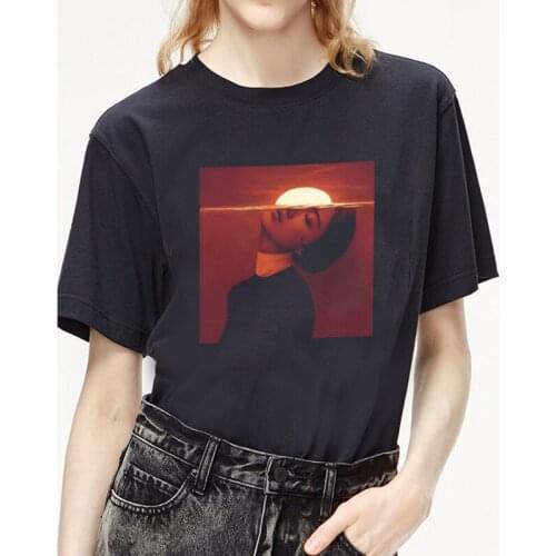 Summer O-collar fashion casual Harajuku sunset girl T-shirt print quality female Harajuku lady T-shirt black white vintage