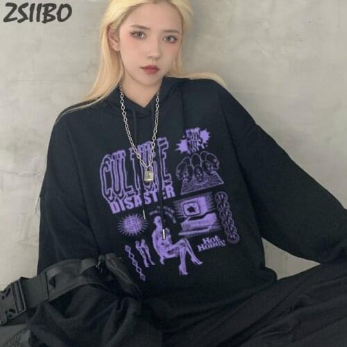 Gothic Graffiti Print Casual Females Hoodies Vaporwave Unisex Sweatshirt HipHop Streetwear Loose Couple Winter Coat Men Women