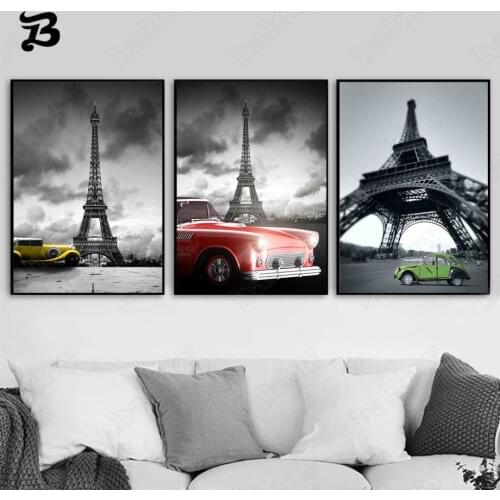 Canvas Painting City Landscape Paris Eiffel Tower Vehicle Car Nordic Posters and Prints Wall Art Pictures for Living Room Decor