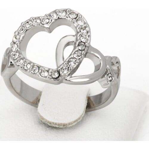 Top Quality R154 R155 Romantic Dual Hearts Crystal Ring Silver Color Austrian Crystals Full Sizes Wholesale
