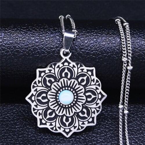 Flower of Life Stainless Steel Moonstone Statement Necklace Women Black Silver Color Charm Necklace Jewelry collier N3269S04