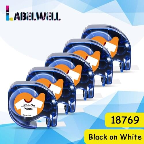 Labelwell 5PK 12mm Fabric Iron-on Ribbons 18769 18771 18768 Black on White replace for Dymo Letratag Label Tape for LT-100H 100T