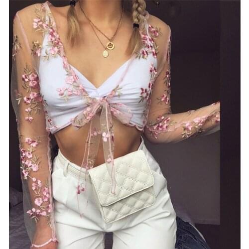 Summer Women Shirts Fashion Transparent Embroidery Lace Up Bandage Floral Crop Tops Blouse Ladies Flower Bandage Clothes