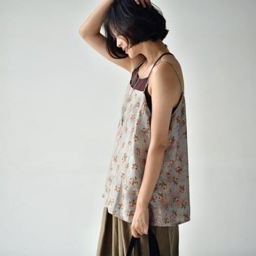 MICOCO B8063C Art retro do old linen smudged flowers with a word neck sling small vest inside