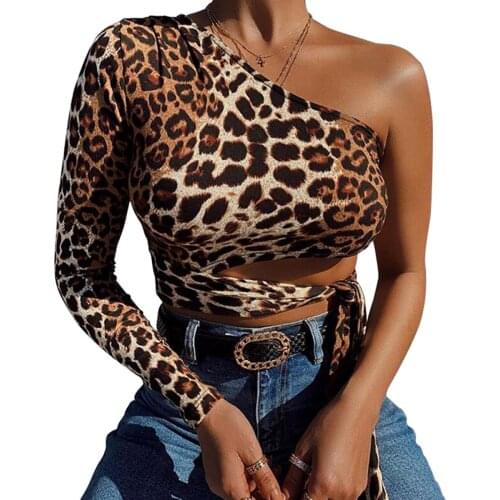 Fashion Womens Leopard Skin One Shoulder Tops Blouse Lady Long Sleeve Slim Shirt Sexy Party Elegant Baggy Tunic Clothes
