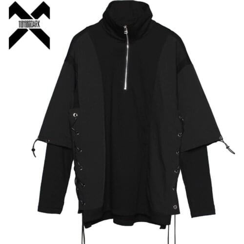 Men Fake two Pieces Turtleneck Sweatshirt Streetwear 2021 Fashion Punk Function Harajuku Pullover Tops Ribbons Techwear WB204