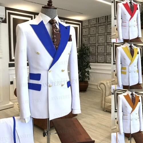 2021 Brand New Fashion Men Wedding Suits White Slim Fit Double Breasted Dress Tuxedo for Groom Plus Size Jacket Pants 2 Pieces