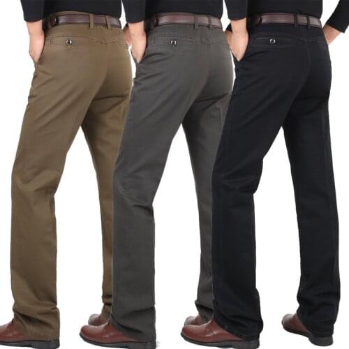 Solid Casual pants men loose trousers spring Autumn cotton middle-aged business straight long trousers flat dress pants male