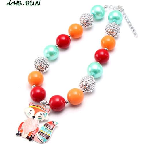 MHS.SUN Cute Fox Pendant Chunky Beads Necklace Fashion Kids/Girls/Child Bubblegum Necklace For Baby Toddler Jewelry 1Pcs