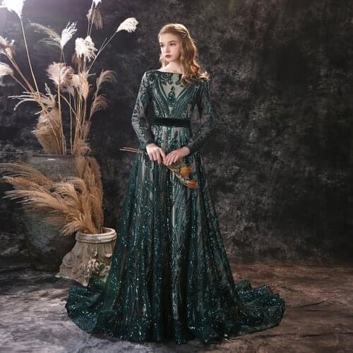 Milomi.cp custom long sleeve dress dark green dress formal occasion evening dress Sequin lace dress