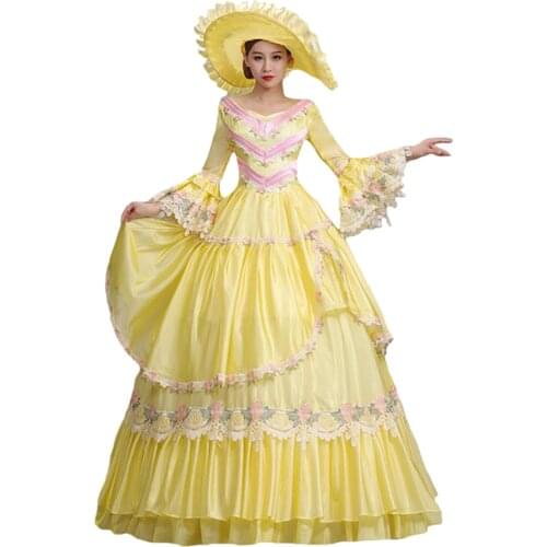 Victorian Medieval Renaissance Dress Yellow Theater Ball Gown Women Stage costumes with Hat Palace Princess Dress