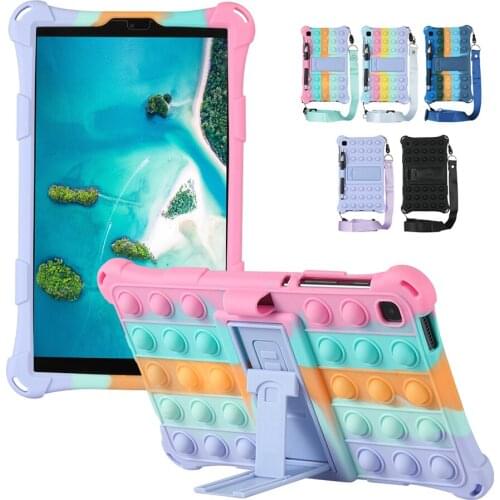 Rainbow Rubber Bubble Case with Strap for Samsung Galaxy Tab A7 Lite Stress Relief Anti-Anxiety Case T200 T225 Kids Cover