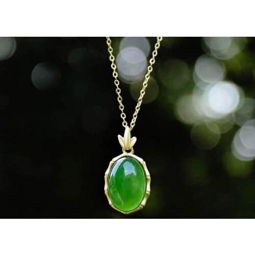 S925 Sterling Silver Pendant Natural Hetian Jade Green Jade Pendant Green Jade Bamboo Artistic Necklace Classical Jewelry Women