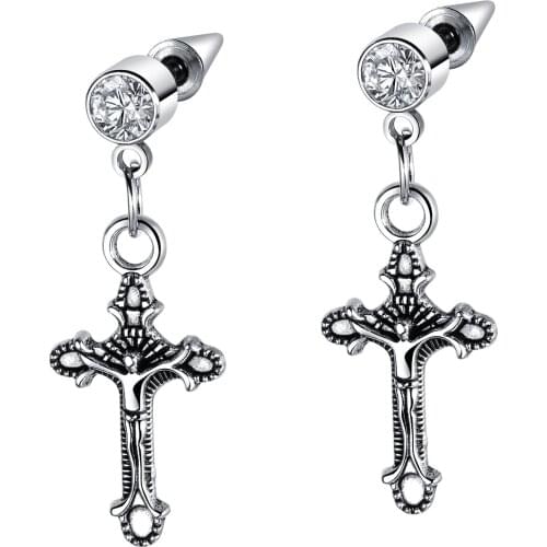 Cross Jesus Dangle Earrings for Men Boy Silver Color Cubic Zirconia Christian Religious Male Jewelry Stainless Steel