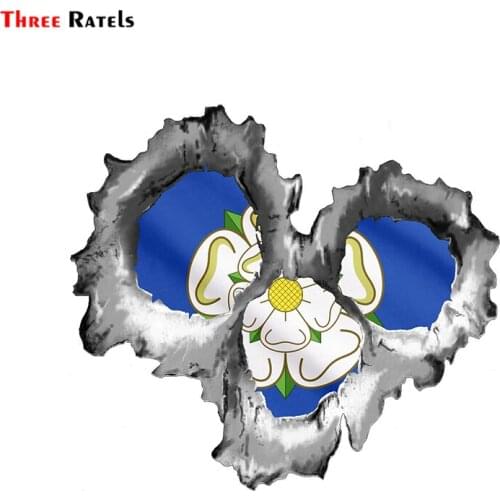 Three Ratels FC26 Bullet Hole Torn Metal 3 Shots With Yorkshire Rose County Flag Car Sticker PVC Decal For Motorcycle Skateboard