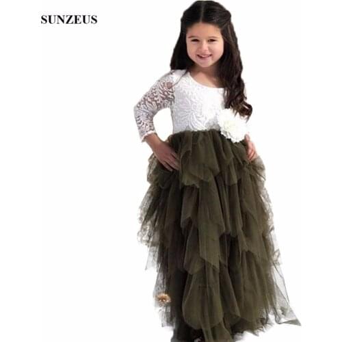 A-line Long Sleeve Flower Girl Dress With Tulle Ruffles High Low Wedding Party Gowns With Lace FLG059