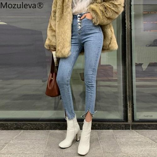 Mozuleva 2020 Spring Vintage Single-breasted Women Denim Jeans High Waist Stretch Pant Capris Female Split Cuff Side Split Jeans