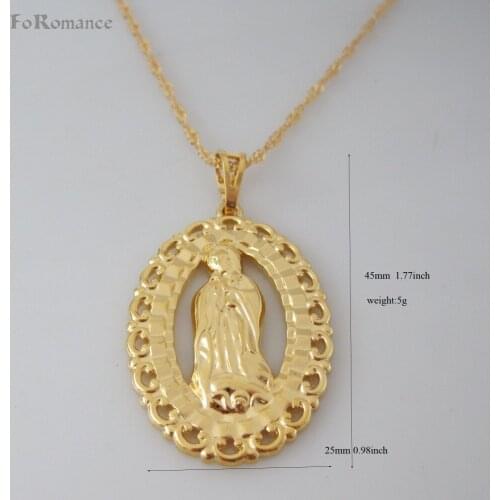 VIVID YELLOW GOLD GP 18" NECKLACE & BLESSED VIRGIN MARY JESUS GOD RELIGIOUS 45 MM 1.77"