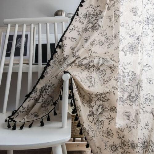 Flower Pattern Curtain For Bedroom Living room Cotton Linen Printed Decorative Curtains with Tassel Home Decoration