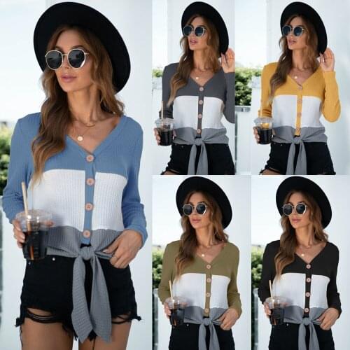 Women T-Shirts Autumn 2021 Long Sleeve Patchwork Color Sexy V-Neck Lace Up Bandage Knitted Casual Female Blouse Tops Tees C2869