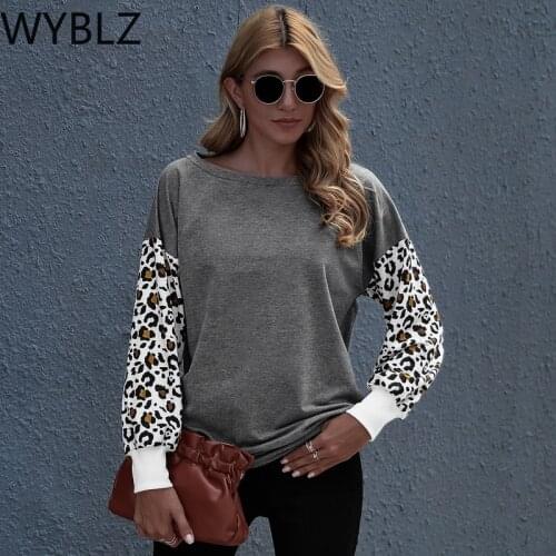 WYBLZ Fashion Leopard Print Lace-up Long Sleeve T-Shirt Round Neck Splicing Print Pullover Sexy Top Spring New Arrival Clothing