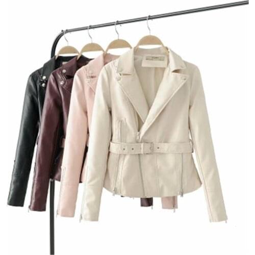 Leather Jacket Women 2020 Autumn Winter Fashion New Lapel Long Sleeve Belt PU Leather Locomotive Leather Jacket Tide 065