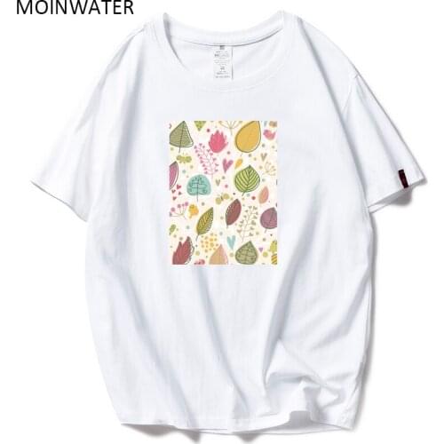 MOINWATER 2020 New Women T shirts White Black Cotton Leaves Print T-shirts Lady High Street Comfortable Tees&Tops MT1990