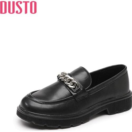 DUSTO 2021 new spring and autumn middle heel flat bottomed round head metal chain decorative overshoot small leather shoes women