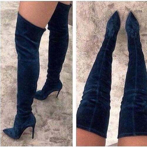 Women Chic Black Suede Thigh High Boots Thin High Heels Dress Pumps Nightclub Girls Dancing Boots Gladiator Shoes Dropship