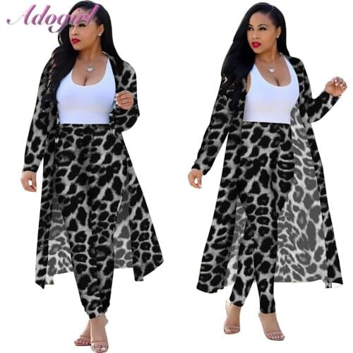 Women Plus Size Two Piece Set Casual Leopard Print Cardigan Long Trench Tops Skinny Pants Suit Female Outfits Tracksuit Jacket