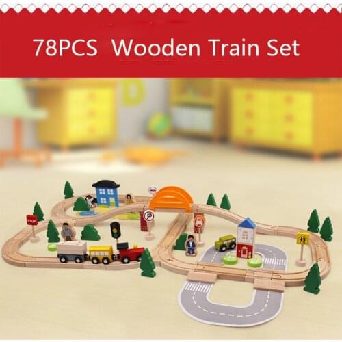78PCS Wooden Train Track Set Magnetic Car Model Slot Compatible Circular Orbit Early Educational Puzzle Toys for Children