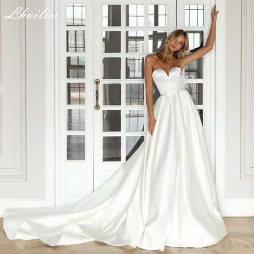 Lhuilier A-line Strapless Satin Wedding Dresses 2020 Floor Length Sleeveless Backless Bridal Dress with Chapel Train