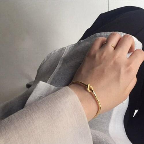 Korean S925 Sterling Silver Simple Knot Open Bangle For Women Fine Jewelry Handmade Irregular Stackable Hammered Gold Bangles