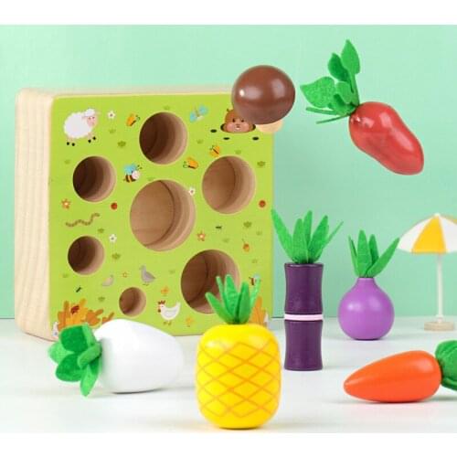 Wooden pull radish catching bug toy puzzle and insert carrot magnetic catch bug game cognitive early education toy for kids new