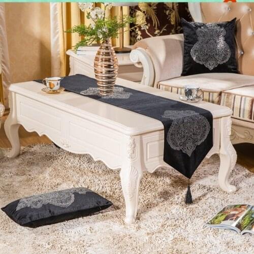 European Luxury Style Bottle flower Table Runner Pure black table runner with diamond down with bling table flag for home decor