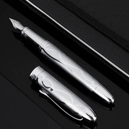 HongDian Printing Stainless Steel Fountain Pen Fine Nib Retro Silver Student Office Practice Supply Writing Pens Stationery Gift