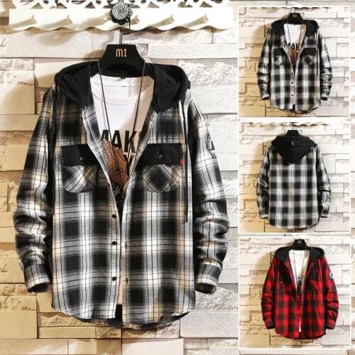 Plaid long-sleeved shirt for male high school students with black and white lining for spring and autumn, popular logo big boys