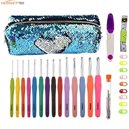 KOKNIT Crochet Hooks Needles Set 14 Mix 2.0-10.0mm Extra Long Ergonomic Soft Handle Knitting Needles Hooks for Arthritic Hand