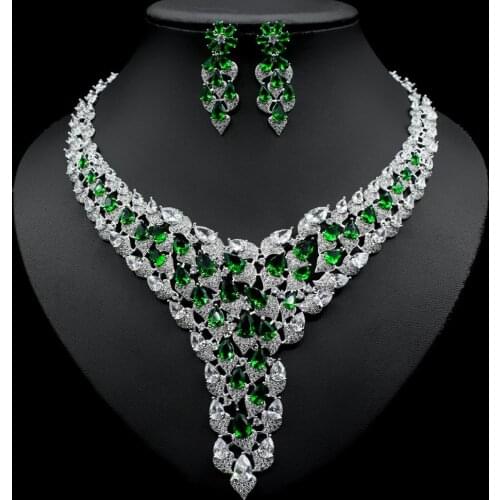 2020 Luxury White Gold Color Green CZ Stone Wedding Necklace Earrings Jewelry Sets Bridal Dress Accessories