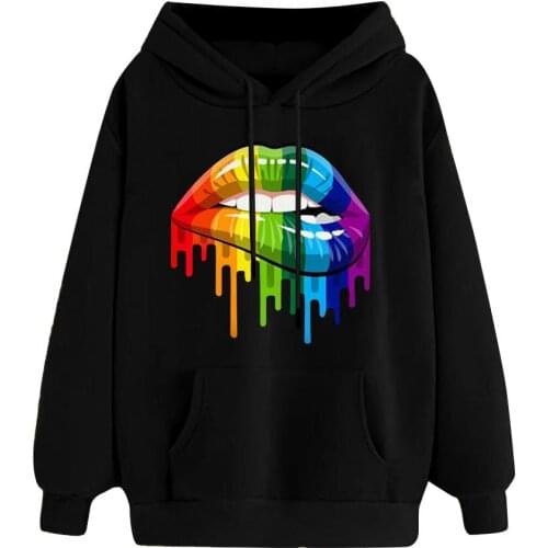 Fashion Black Hoodies Hooded Tracksuit Female Streetwear Personalized Watercolor Lip Pattern Sweatshirt Women Loose Fleece Coat