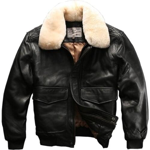 Mens Genuine Leather Jacket Top Layer Sheepskin Large Wool Collar Leather Jacket Warm Flight Suit Genuine Leather Coat