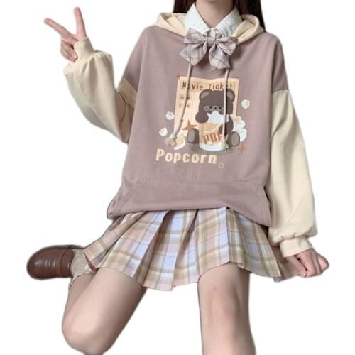 2021Japanese Spring and Autumn Thin new hoodies for teen girls student kawaii lolita color matching loose gothic trend hooded
