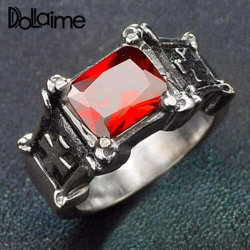Dolaime Present Fathers Day New Trendy Men Stainless Steel Silver Color Claw set with rectangular red stone Ring R762